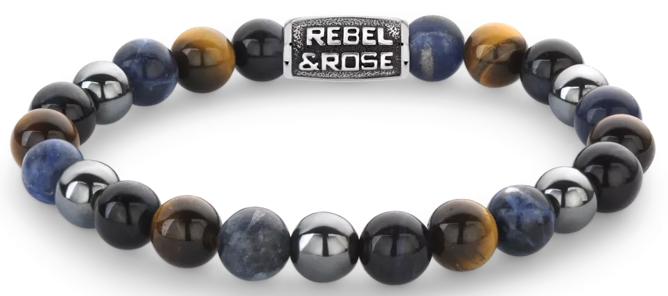 Armband aus 8mm großen Sodalith, gelbem Tigerauge, blauem Tigerauge und grauem Hämatitedelsteinen mit grauem Edelstahlverschluss - Rebel&Rose Modell: RR-80100-V-M