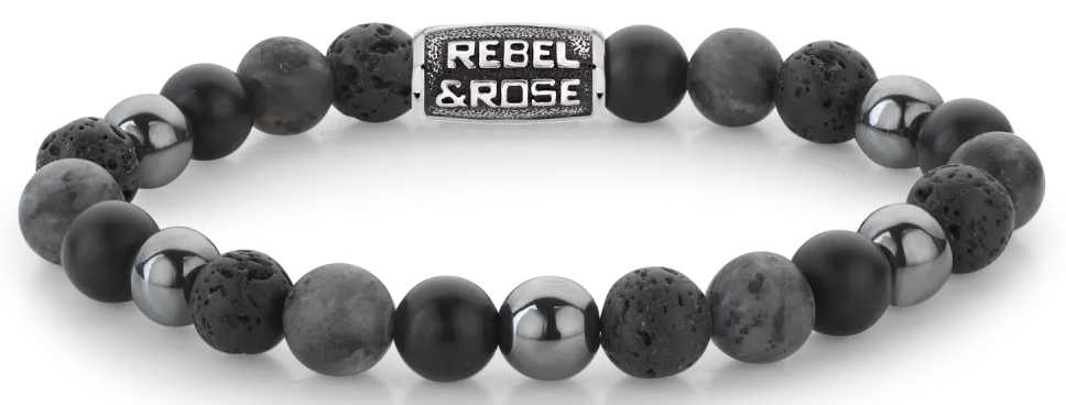Armband aus 8mm großen schwarzen Onyx-, Lava-, Larvakit- und Hämatitsteinen mit grauem Edelstahlverschluss - Rebel&Rose Modell: RR-80105-V-M