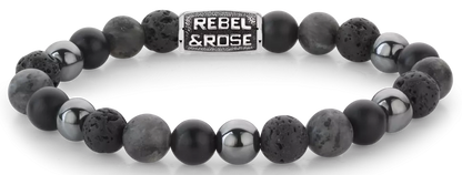 Armband aus 8mm großen schwarzen Onyx-, Lava-, Larvakit- und Hämatitsteinen mit grauem Edelstahlverschluss - Rebel&Rose Modell: RR-80105-V-M