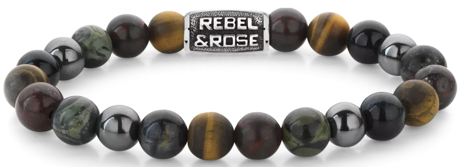 Armband aus 8mm großen Steinen in Tigerauge-Blau, Tigerauge-Gelb, Brekzien-Jaspis, Ryolith und Hämatit-Grau mit grauem Edelstahlverschluss - Rebel&Rose Modell: RR-80106-V-L