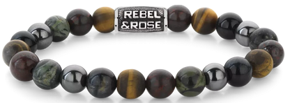 Armband aus 8mm großen Steinen in Tigerauge-Blau, Tigerauge-Gelb, Brekzien-Jaspis, Ryolith und Hämatit-Grau mit grauem Edelstahlverschluss - Rebel&Rose Modell: RR-80106-V-M