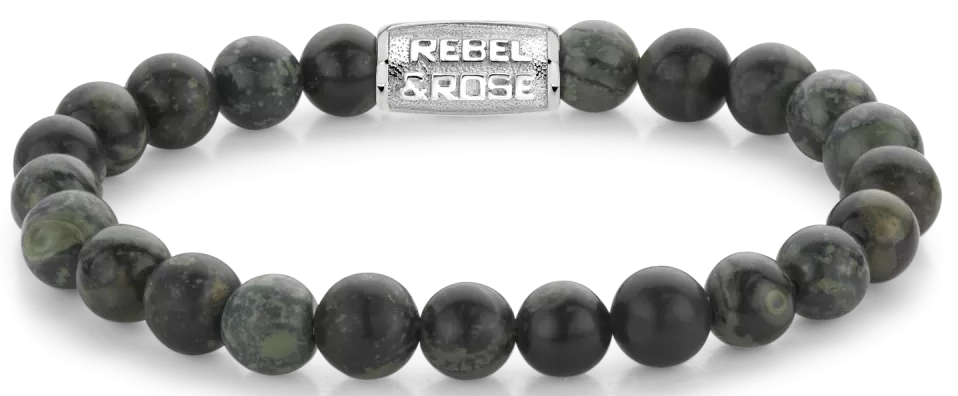 Armband aus 8mm großen Rhyolithsteinen mit Metallverschluss - Rebel&Rose Modell: RR-80107-S-M