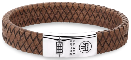Armband aus 12mm dickem, braunem Leder mit Silberverschluss - Rebel&Rose Modell: RR-L0157-S-L