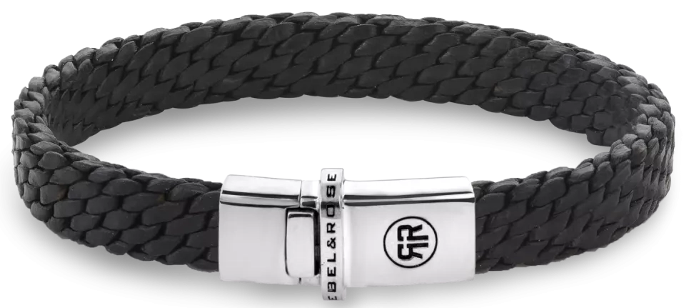 Armband aus insgesamt 9,2mm dickem, schwarzem, geflochtenen Lederschnüren, (jede Schnur ist 2mm dick), mit Silberverschluss - Rebel&Rose Modell: RR-L0161-S-L