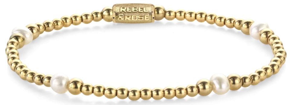 Armband aus 4mm echten Süßwasserperlen, 3 und 4mm großen, goldplattierten Edelstahlsteinen und Edelstahlverschluss - Rebel&Rose Modell: RR-40136-G-M