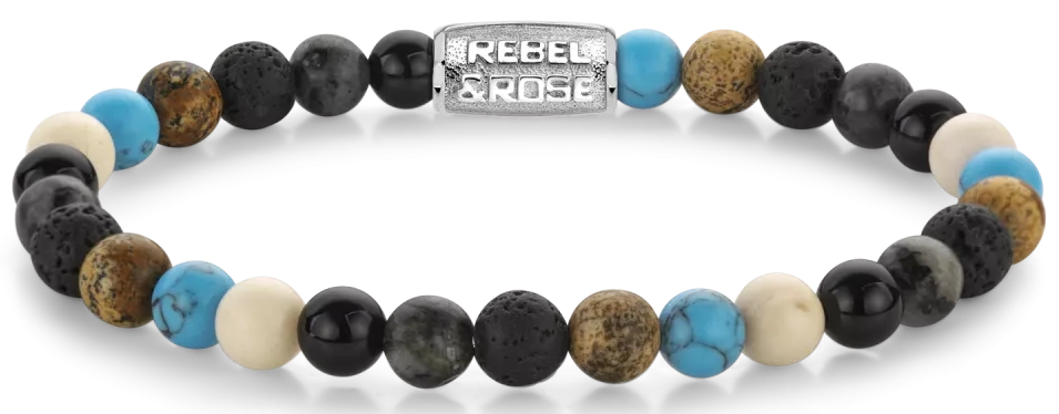 Armband aus 6mm Edelsteinen (Achat, Larvikit, Lavastein, Bild Jaspis, Turqurenit). Edelsteinen mit grauem Edelstahlverschluss - Rebel&Rose Modell: RR-60131-S-L