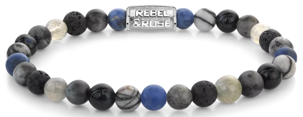 Armband aus 6mm großen Sodalithblau, Achat, Tigeraugeblau, Larvenkitgrau, Labradorit und Lavasteinen mit Edelstahlverschluss - Rebel&Rose Modell: RR-60142-S-M