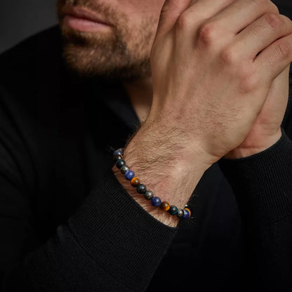 Armband aus 8mm großen Sodalith, gelbem Tigerauge, blauem Tigerauge und grauem Hämatitedelsteinen mit grauem Edelstahlverschluss - Rebel&Rose Modell: RR-80100-V-L
