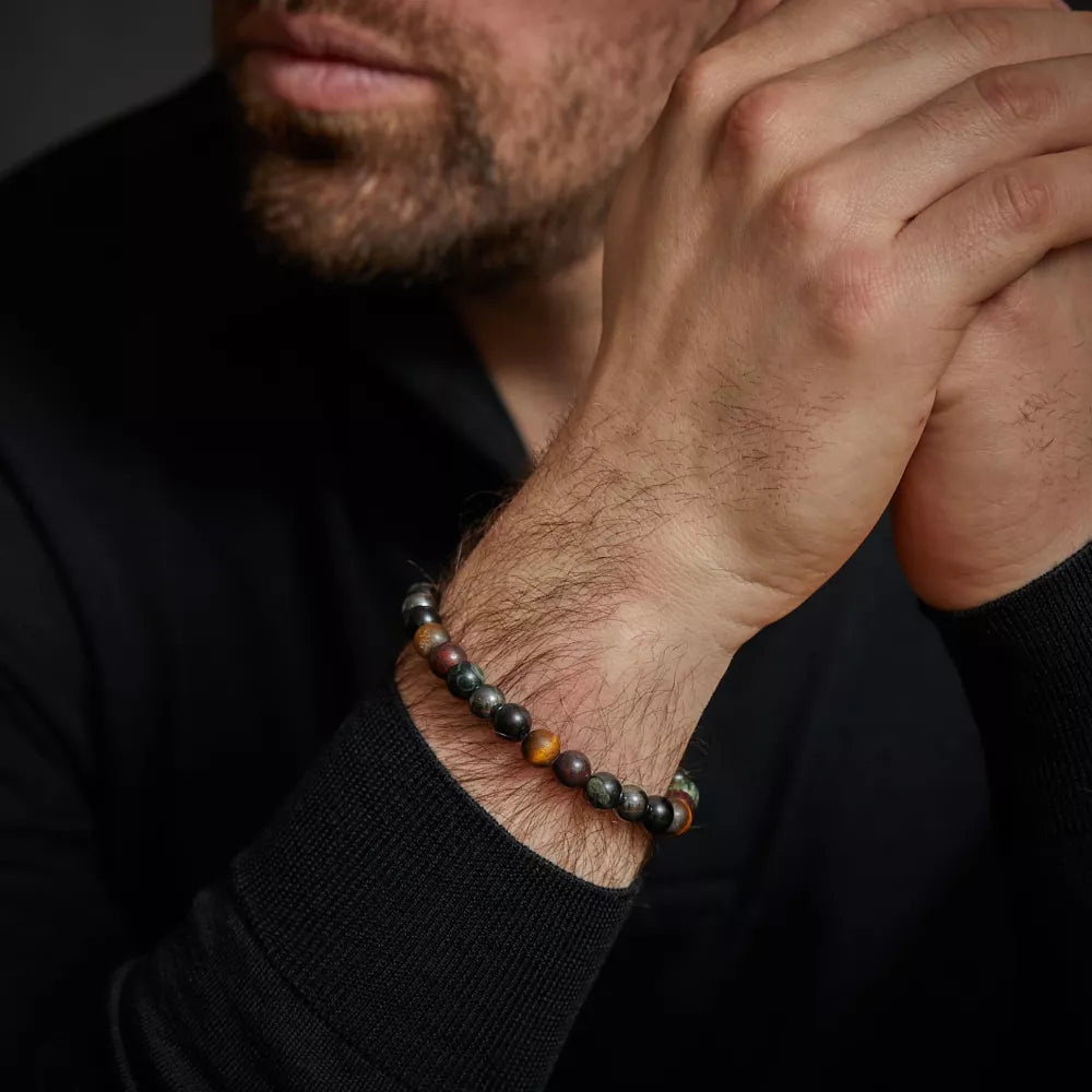 Armband aus 8mm großen Steinen in Tigerauge-Blau, Tigerauge-Gelb, Brekzien-Jaspis, Ryolith und Hämatit-Grau mit grauem Edelstahlverschluss - Rebel&Rose Modell: RR-80106-V-L