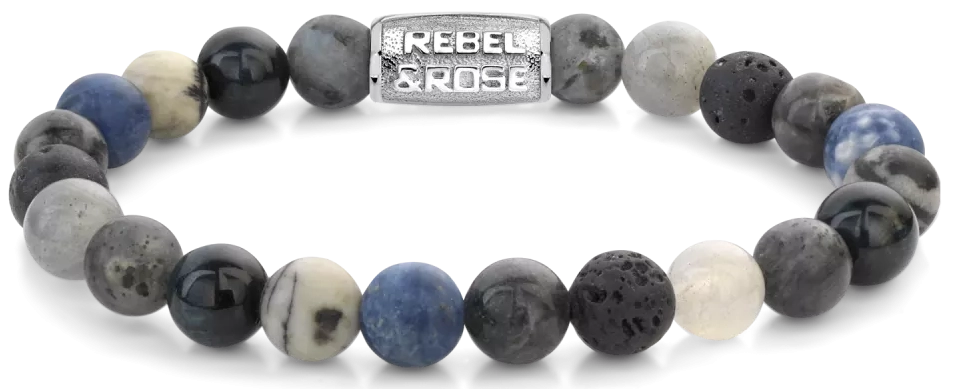 Armband aus 8mm großen Sodalithblau, Achat, Tigeraugeblau, Larvenkitgrau, Labradorit und Lavasteinen mit Metallverschluss - Rebel&Rose Modell: RR-80114-S-M
