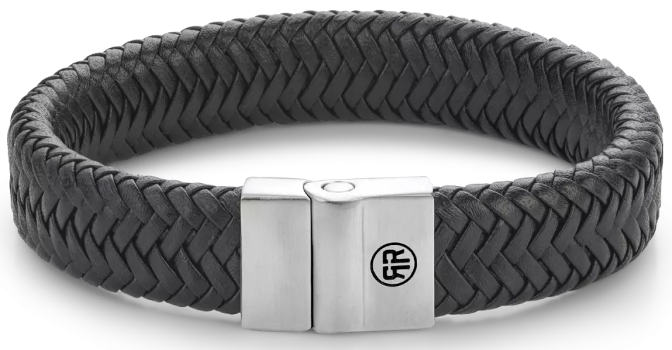 Bracelet made of 15mm thick, black leather with a stainless steel clasp - Rebel&Rose Model: RR-M0032-S-M