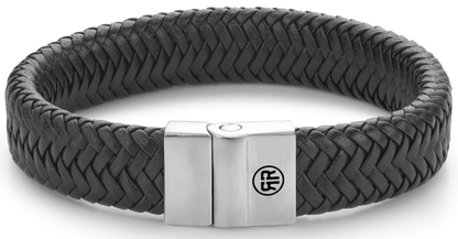 Bracelet made of 15mm thick, black leather with a stainless steel clasp - Rebel&Rose Model: RR-M0032-S-M