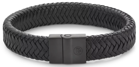 Armband aus 15mm dickem, schwarzem Leder mit schwarzem Edelstahlverschluss - Rebel&Rose Modell: RR-M0033-B-M