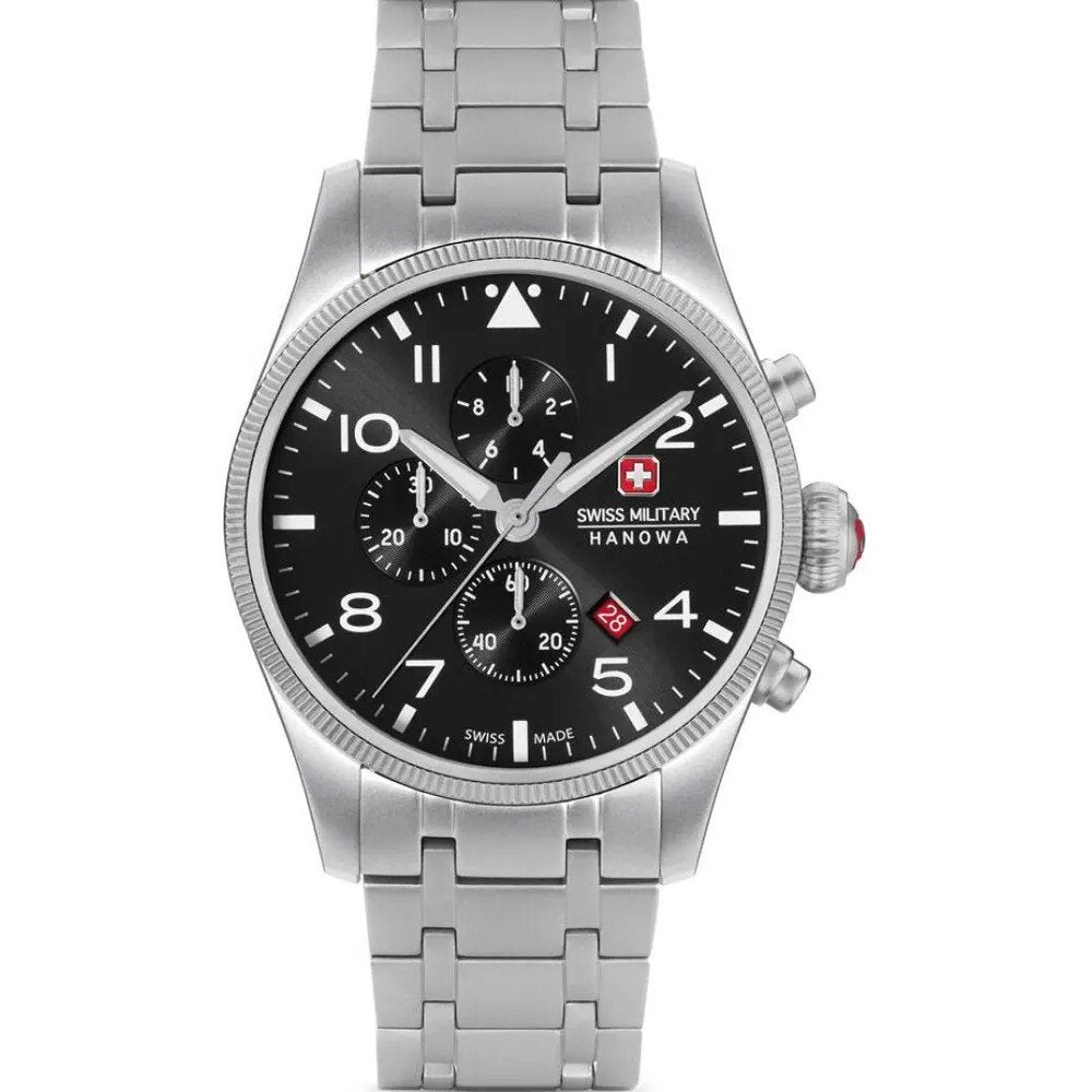 Chronograf męski Swiss Military Hanowa: czarna tarcza, bransoleta ze stali szlachetnej
