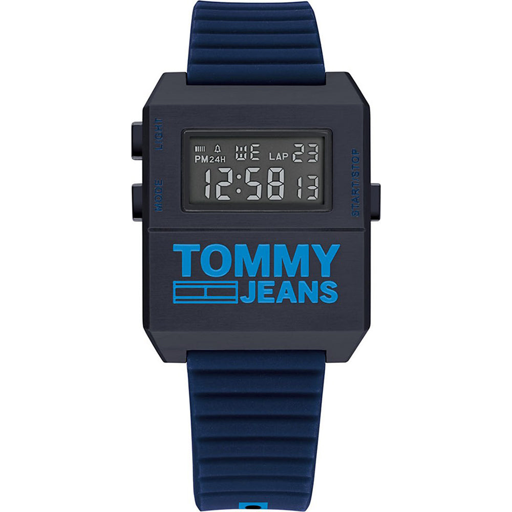Herren-Armbanduhr Tommy Jeans mit digitalem LCD-Display und blauem Silikonarmband