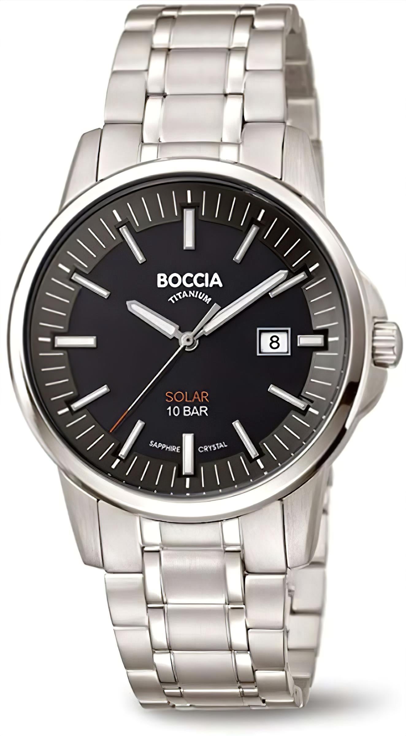 Zegarek męski Boccia: bransoleta ze stali szlachetnej, ciemna tarcza, datownik na godzinie 8, mechanizm solarny