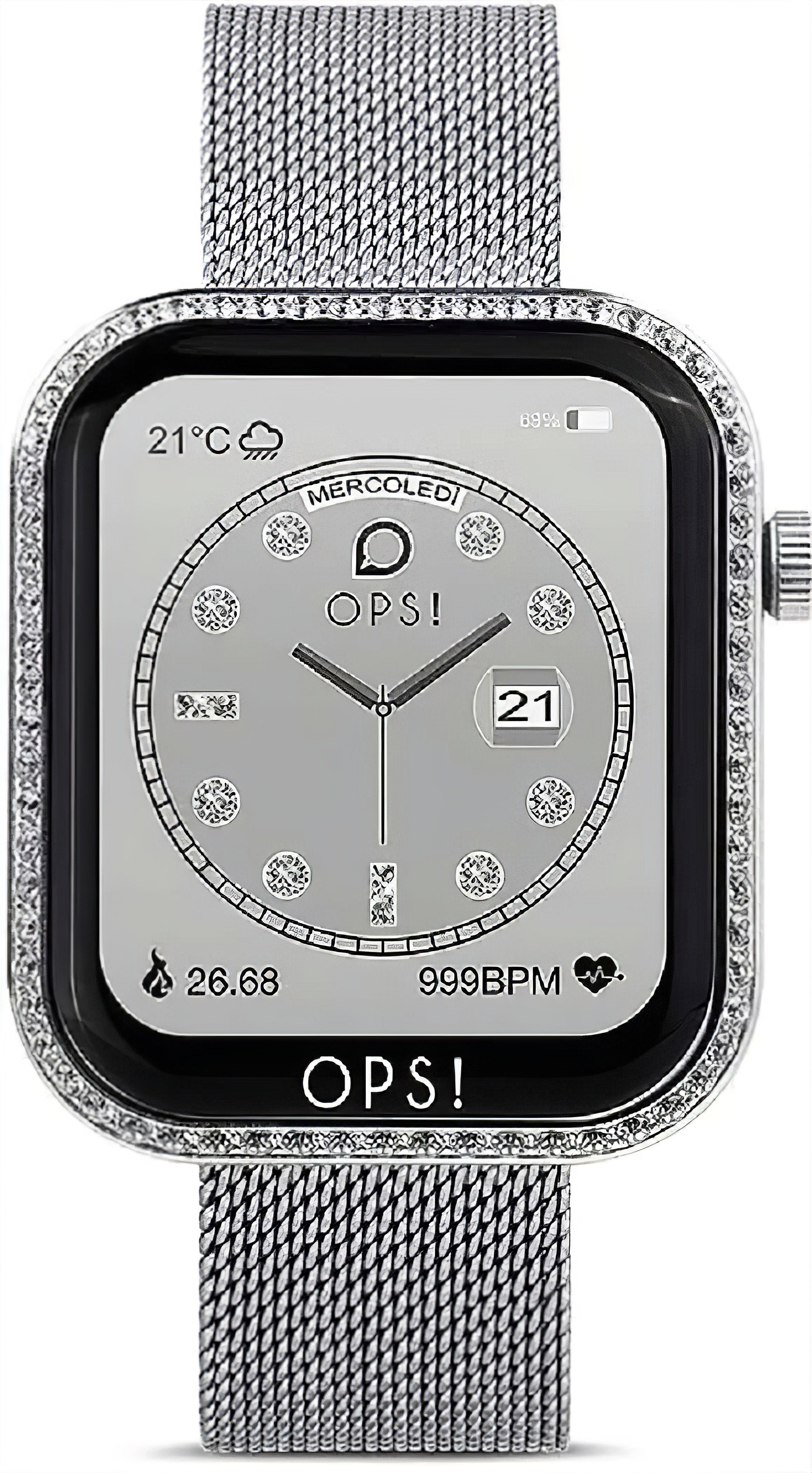 Damski smartwatch OPS! ze srebrną bransoletą typu mesh i okrągłym wyświetlaczem