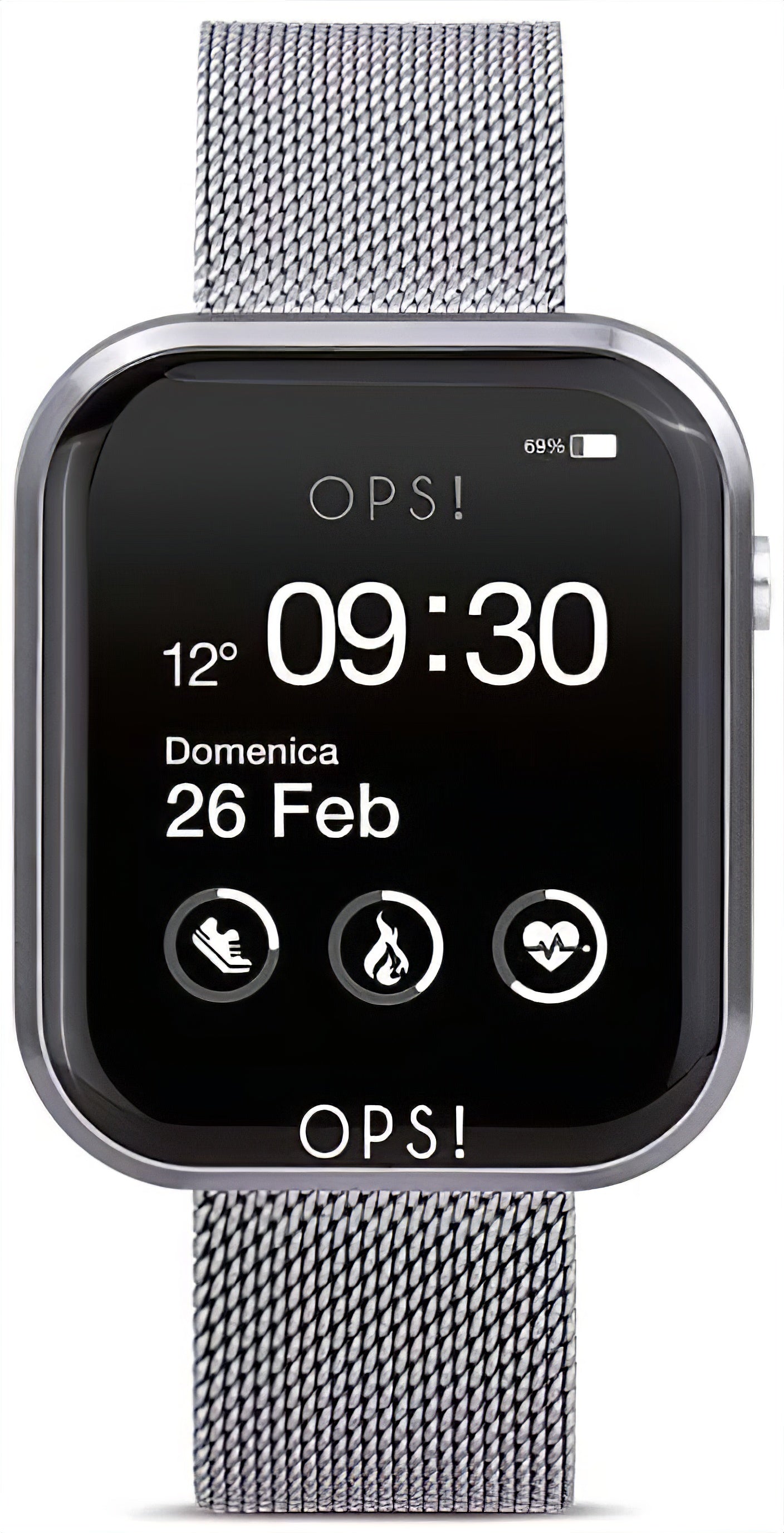 Smartwatch z bransoletą typu mesh i czarnym wyświetlaczem, godzina 09:30