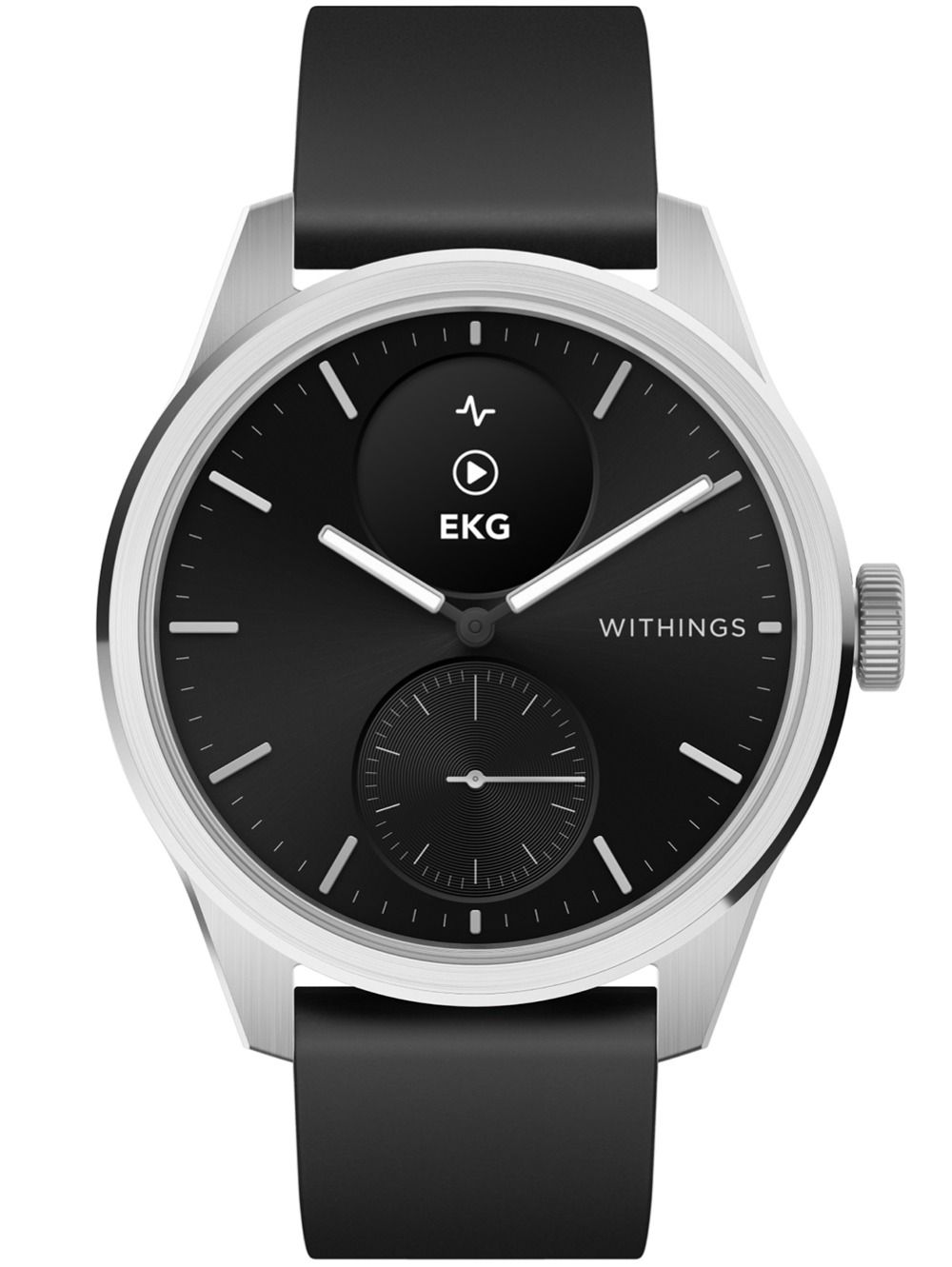 Hybrydowy smartwatch z czarną tarczą, czarnym silikonowym paskiem i kopertą ze stali nierdzewnej.