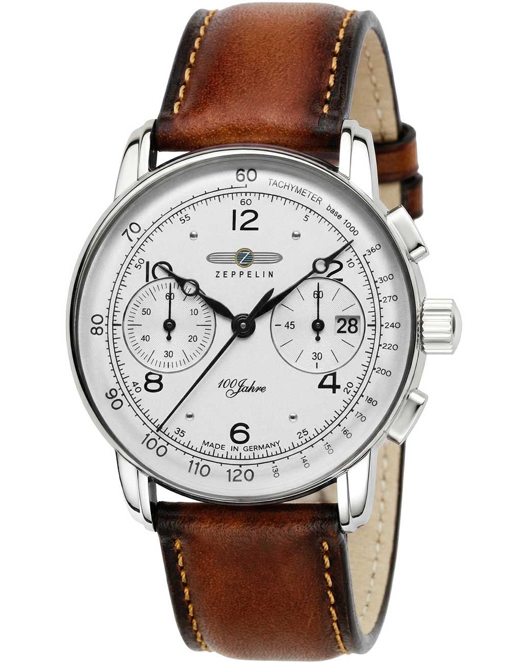 Chronograf męski Zeppelin z brązowym skórzanym paskiem, srebrną kopertą i tarczą chronografu